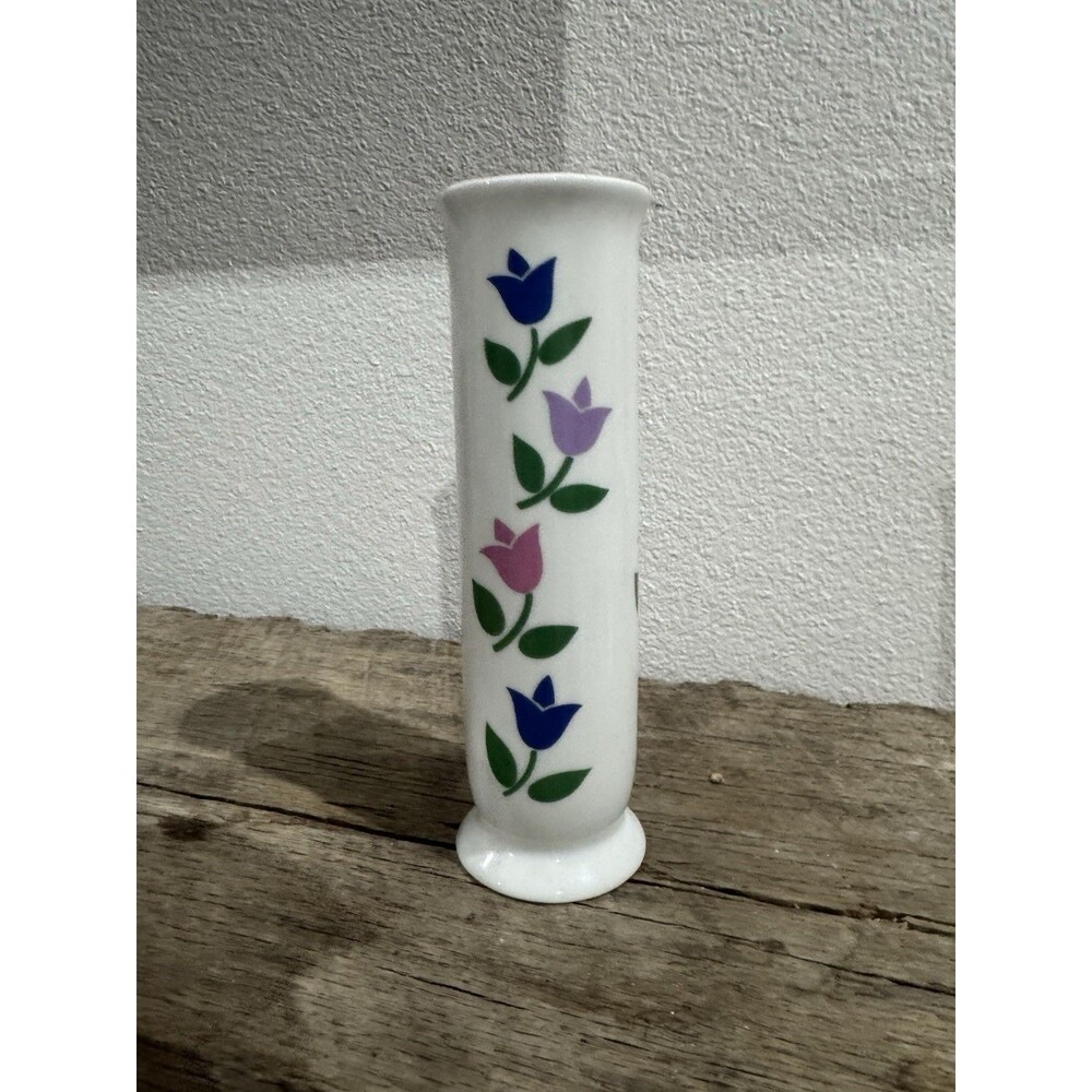 Vintage FTD Tall  Bud Vase Blue Purple Pink Tulips 6.5" 1988
